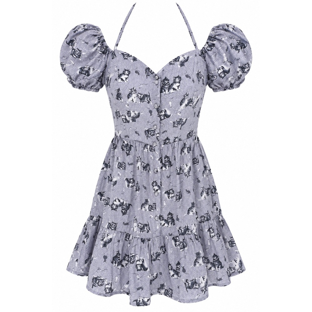 Kimchi Blue Courtney Cat Mini Dress Lavender Grey Puff Sleeve Smocked M